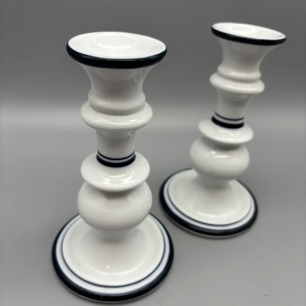 Dansk Bistro Candle Holder Christianshavn Blue White‎ Portugal Candlesticks Pair